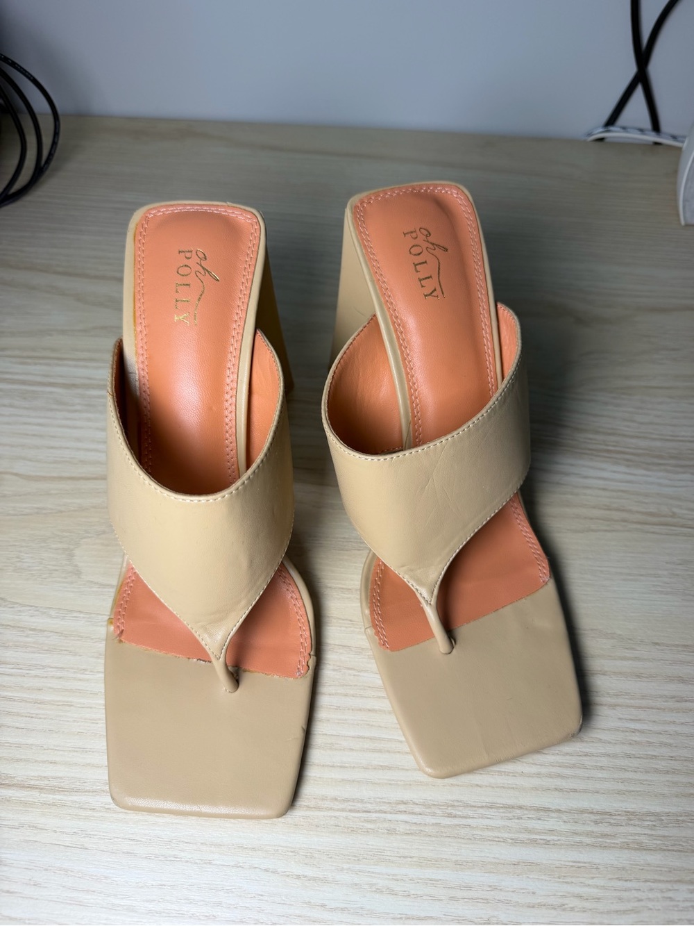Oh Polly Nude Square-Toe Thong Block Heel Sandals